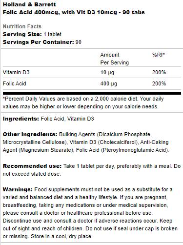 Folic Acid 400 mcg | With Vit D3 10 mcg - 90 Таблетки - Feel You
