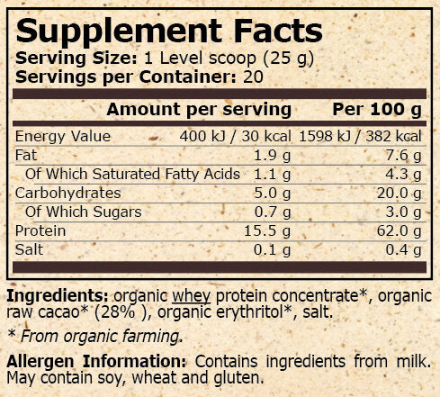 Pure Nutrition - ORGANIC WHEY PROTEIN WITH COCOA - 500 g - Feel You