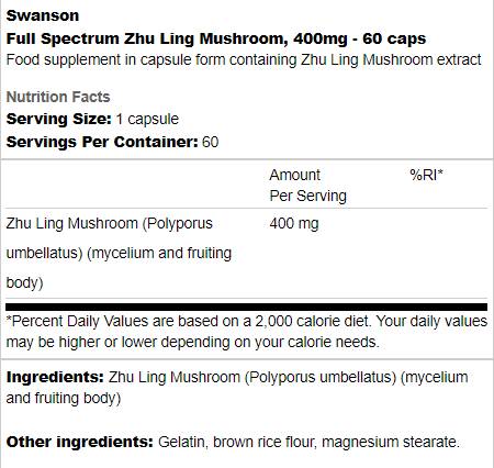 Πλήρες φάσμα Zhu Ling Mushroom 400 mg 60 κάψουλες