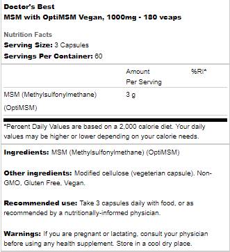 Καλύτερο Vegan MSM 1000 mg | Με βέλτιστα - 180 κάψουλες