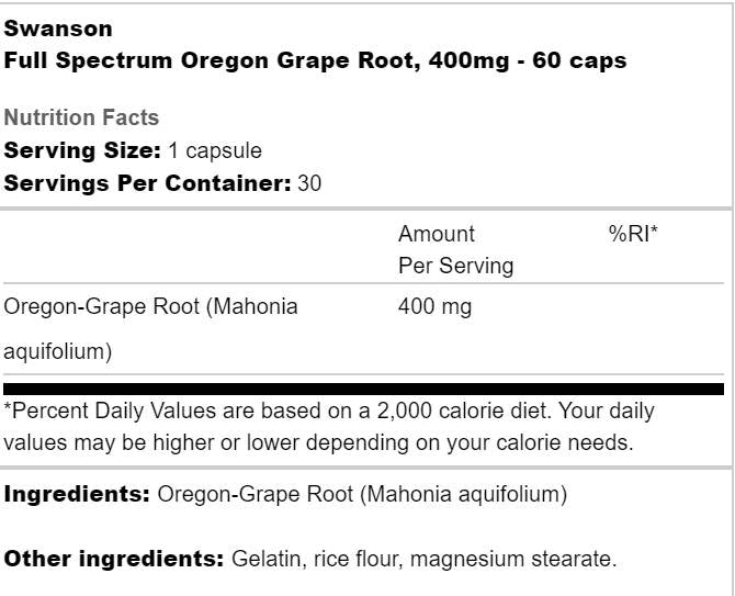 Πλήρες φάσμα Oregon Grape Root 400 mg 60 κάψουλες