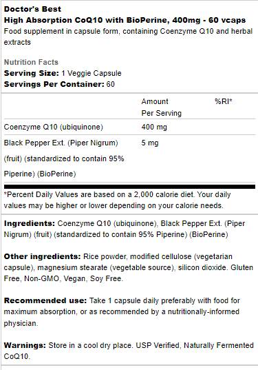 Το καλύτερο CoQ10 με Bioperine 400 mg - 60 κάψουλες