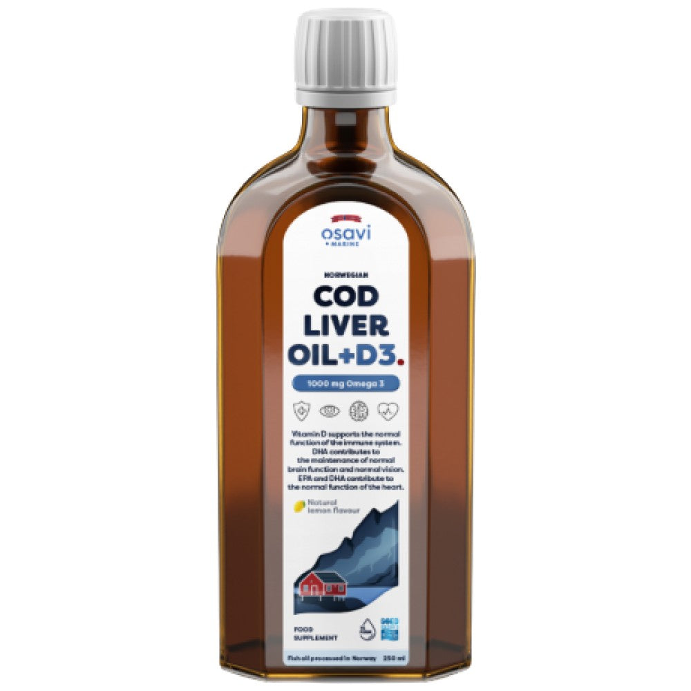 Norwegian Cod Liver Oil + D3 | Lemon Flavored Liquid Omega + D3 - 250 ml - Nutra Best Europe