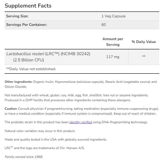 Κλινική Υγεία Καρδιάς Υγείας | Lactobacillus Reuteri LRC ™ 2,5 δισεκατομμύρια - 60 κάψουλες