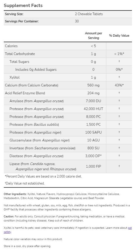 Acid Relief with Enzymes - 60 Μασώμενα Δισκία