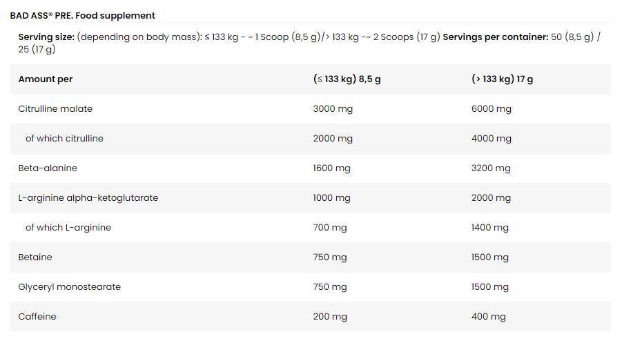 Δείγμα φόρμουλας BAD ASS/Pre/Extreme Pre-Workout - 18 γραμμάρια