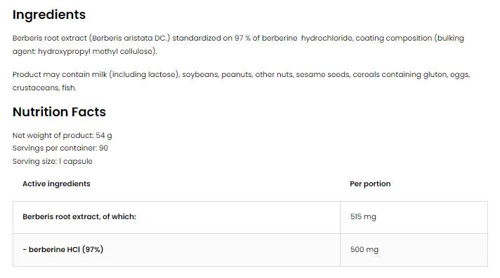 Berberine HCl 500 mg | 97% εκχύλισμα ρίζας Berberis 90 κάψουλες