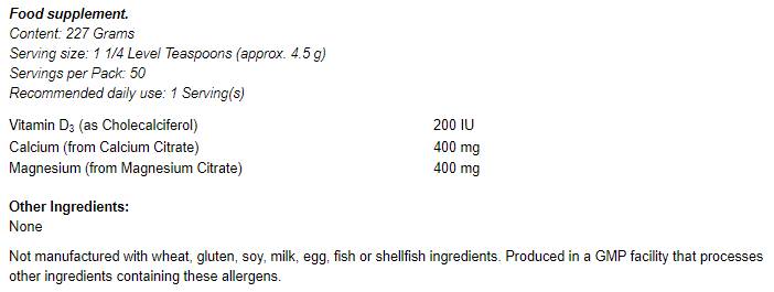 Ασβέστιο & Σκόνη κιτρικού μαγνησίου με βιταμίνη D3 - 227 γραμμάρια