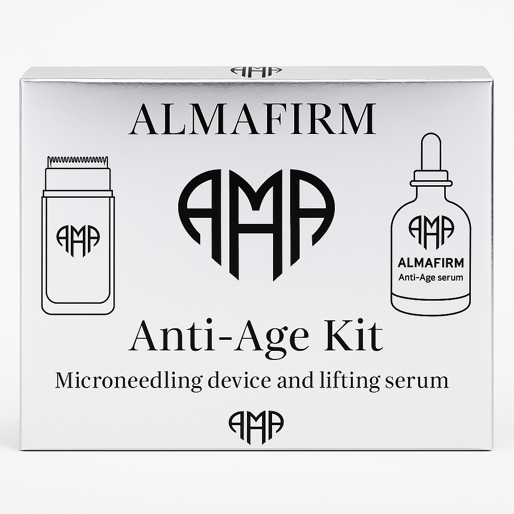 Almafirm Anti-Age Kit packaging with microneedling device and lifting serum illustration.