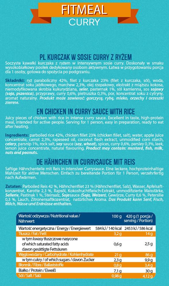 FitMeal Curry | Έτοιμο για κατανάλωση γεύμα με υψηλή περιεκτικότητα σε πρωτεΐνες - 420 γραμμάρια