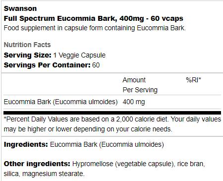Πλήρες φάσμα Eucommia φλοιό 400 mg 60 κάψουλες