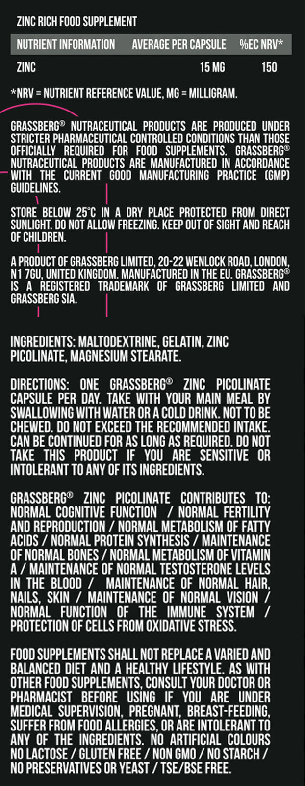Grassberg ψευδάργυρος picolinate 15mg - υψηλή απορρόφηση 60 καπάκια
