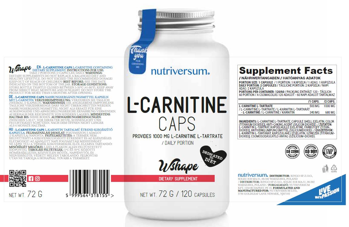 Καπάκια L-καρνιτίνης 500 mg 120 κάψουλες