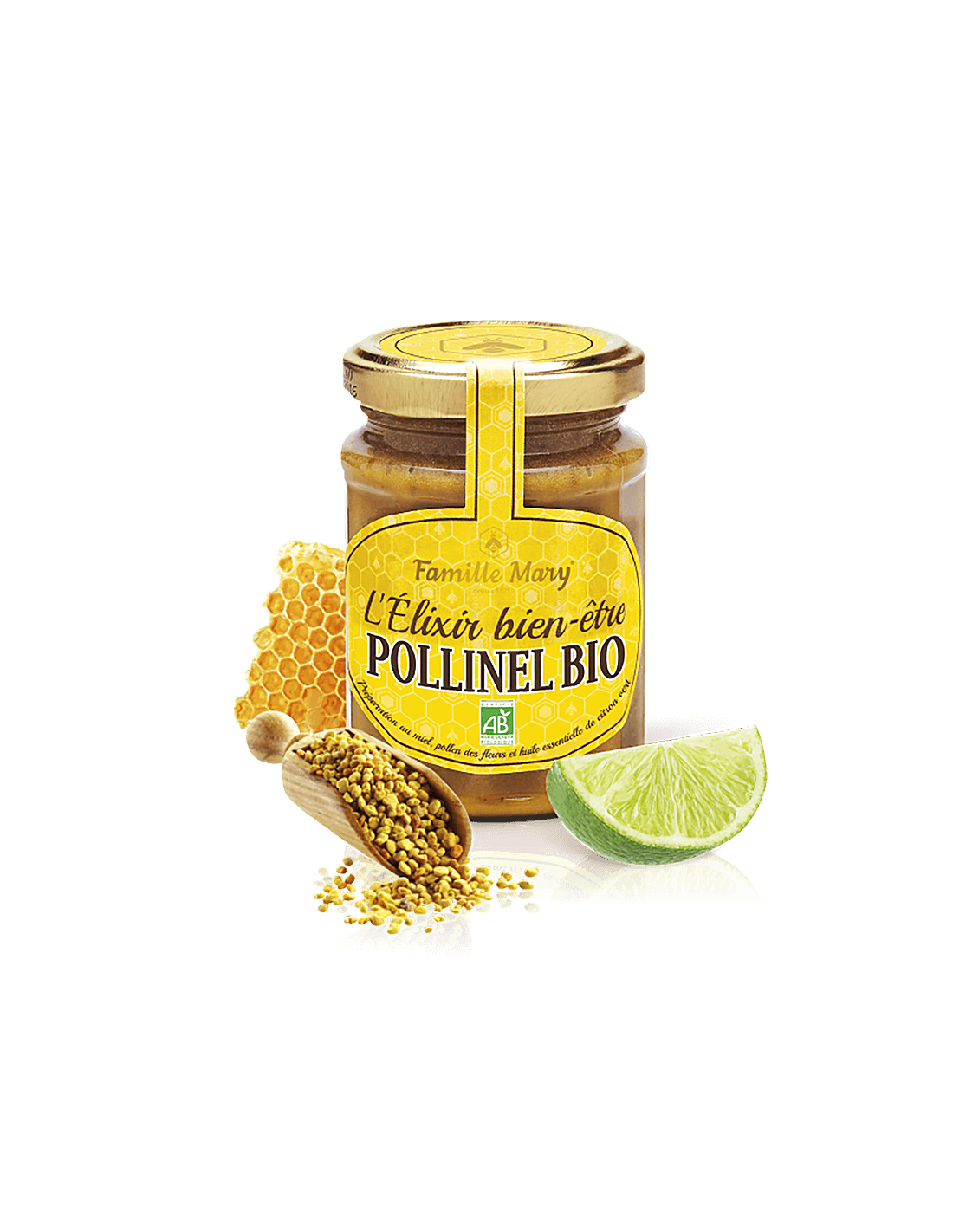 L'Elixir Bien-être Pollinel Bio/ Organic Floral Honey με γύρη μελισσών και βασικό πετρέλαιο ασβέστη, 230 g Famille Mary