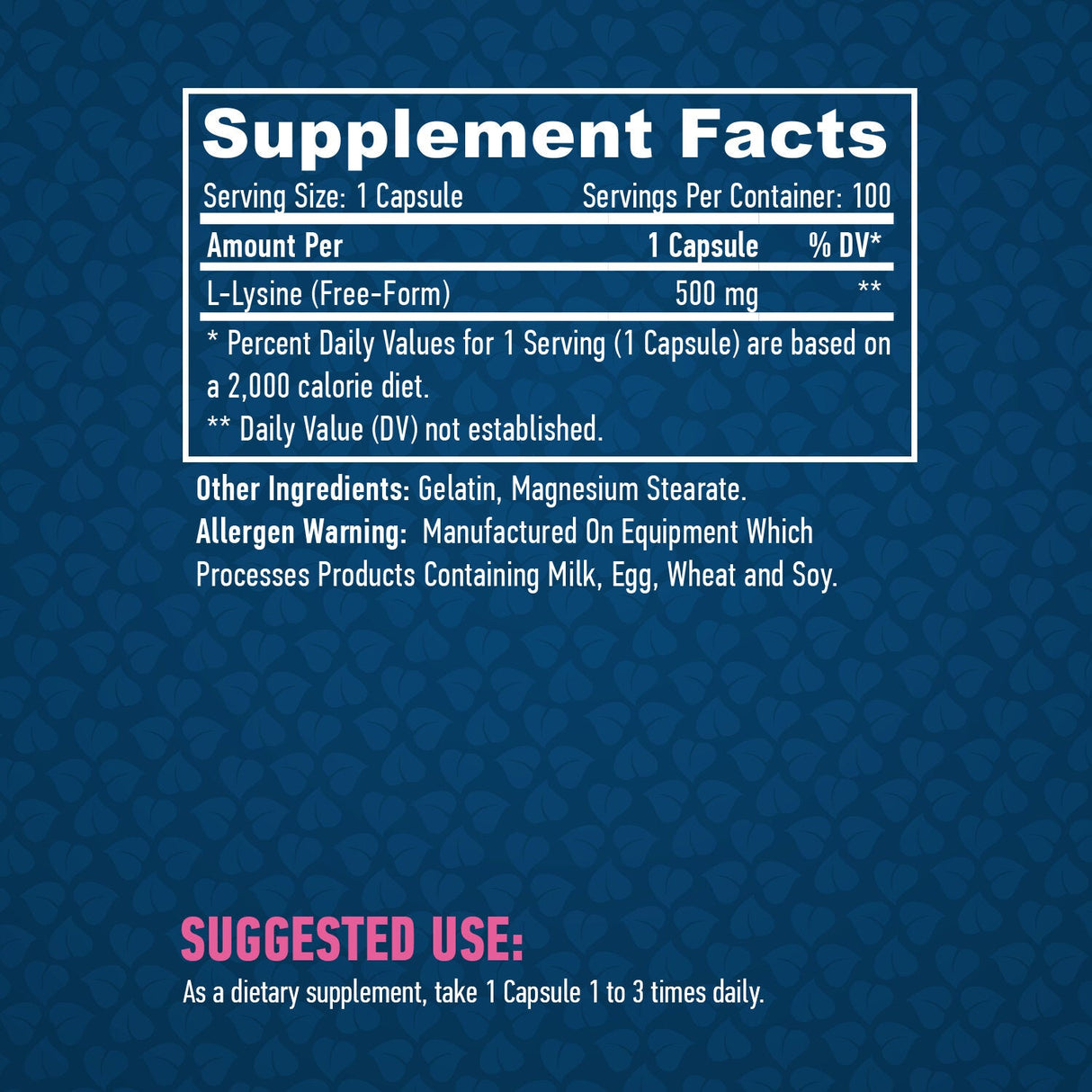L-Lysine 500mg./100 VCAPs.