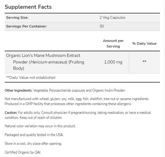 Lion's Mane 500 mg | Φτιαγμένο με βιολογικά μανιτάρια χαίτης λιονταριού - 60 κάψουλες