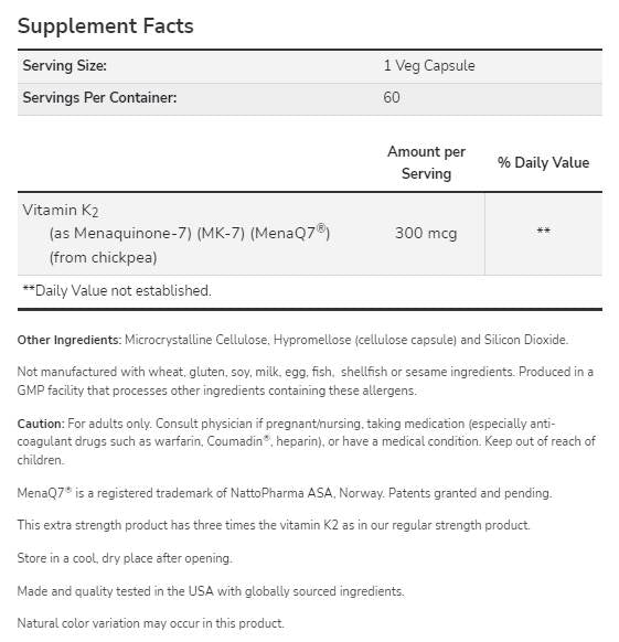 MK-7 Βιταμίνη Κ-2 300 MCG | Επιπλέον δύναμη MENAQ7® - 60 κάψουλες