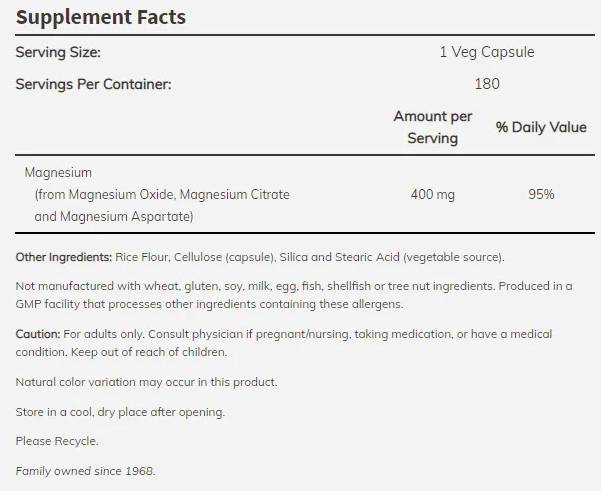 Καπάκια μαγνησίου 400 mg - 180 κάψουλες