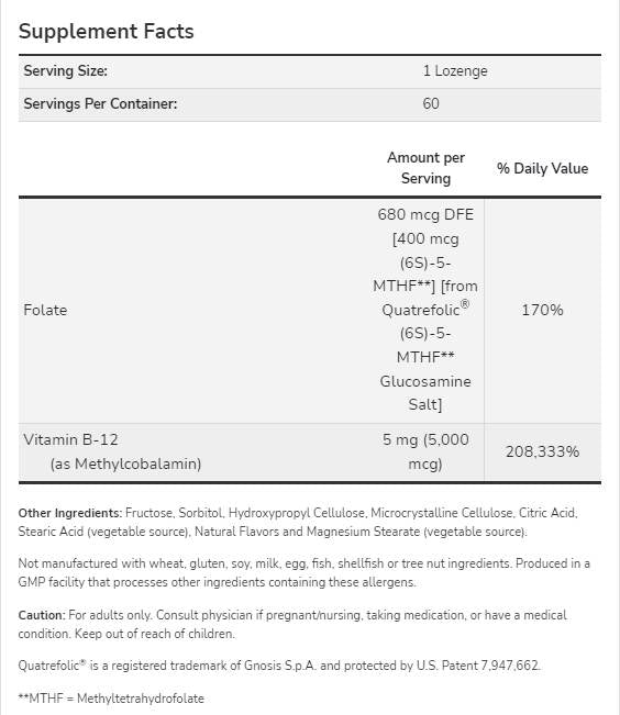 Methyl B-12 5000 mcg | με Folic Acid Quatrefolic® - 60 Υπογλώσσια δισκία