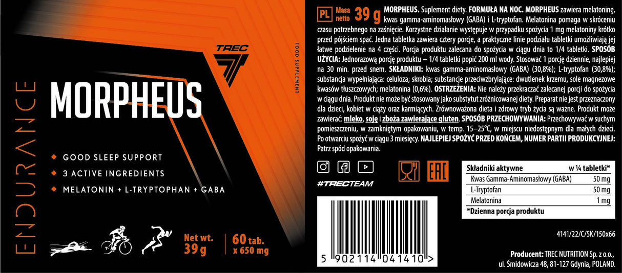 Morpheus Endurance | Υποστήριξη Καληνύχτας με Μελατονίνη, L-Τρυπτοφάνη & Gaba - 60 Δισκία
