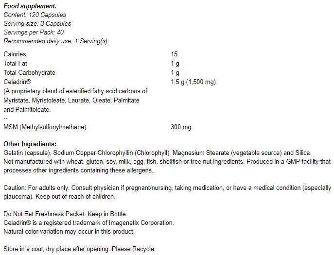 Celadrin & MSM 500 mg - 120 κάψουλες
