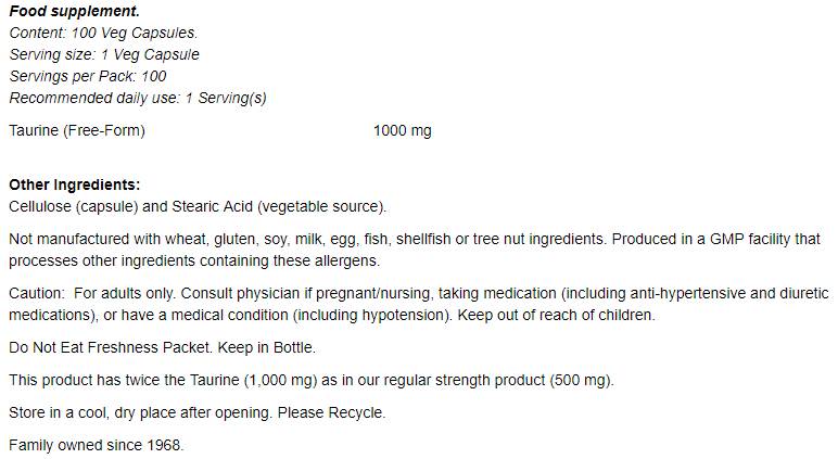 Ταυρίνη 1000 mg/διπλή αντοχή - 250 κάψουλες