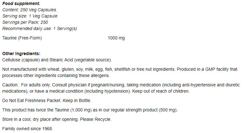 Ταυρίνη 1000 mg/διπλή αντοχή - 250 κάψουλες