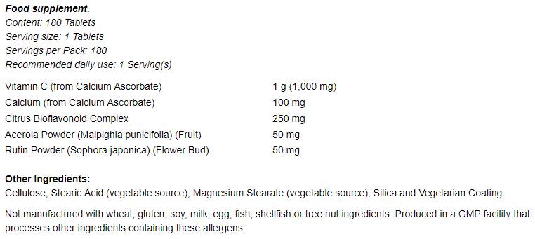 Σύμπλεγμα βιταμίνης C -1000 - ρυθμισμένο με βιοφλαβονοειδή 250 mg - 180 δισκία