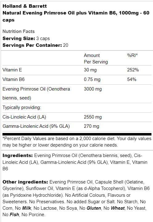 Φυσικό βραδινό λάδι Primrose 1000 mg | Συν βιταμίνη Β6 - 60 κάψουλες