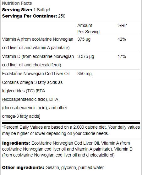 Norwegian Cod Liver Oil 350 mg 250 Gel κάψουλες