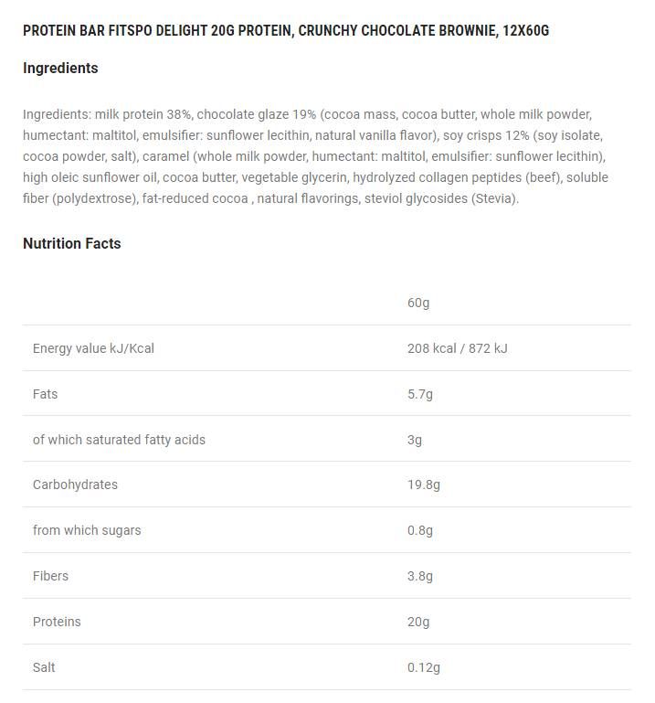 Delight+ Crunchy Protein Bar Chocolate Brownie - 12 x 60 grams - Nutra Best Europe
