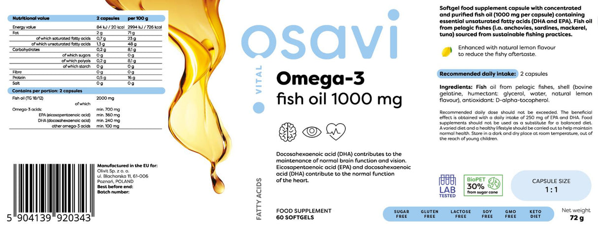 Ωμέγα 3 ιχθυέλαιο 1000 mg/γεύση λεμονιού - 60 κάψουλες πηκτής