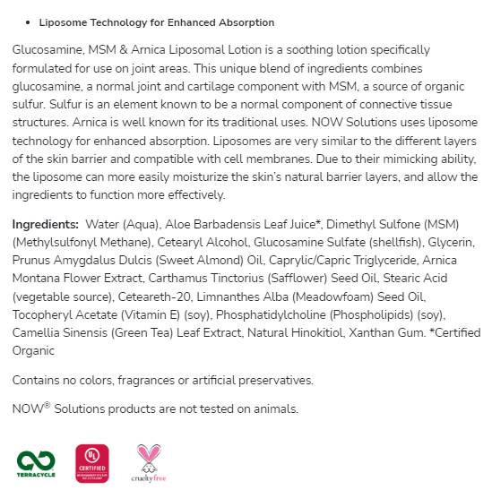 Γλυκοζαμίνη, λοσιόν Liposome MSM & Arnica - 237 ml