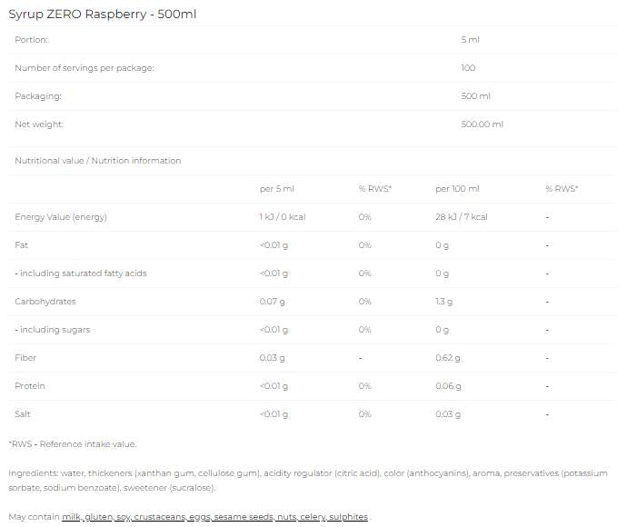 Σιρόπι μηδέν - Raspberry - 500 ml