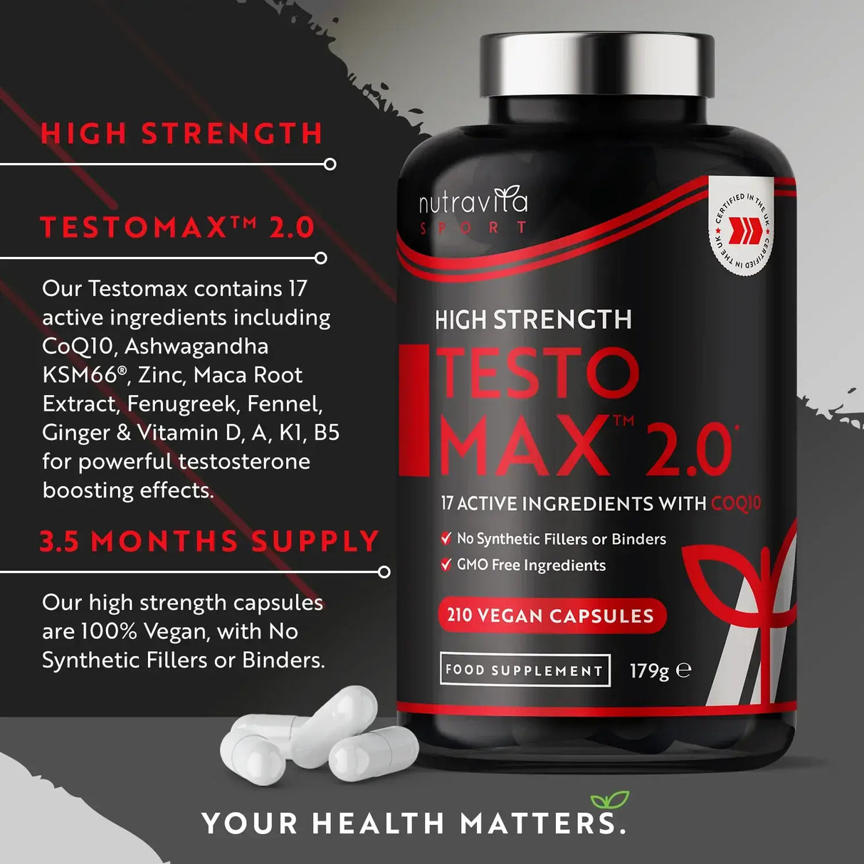 TESTOMAX™ 2.0 /210 κάψουλες, 105 ημέρες/ με Ashwagandha KSM 66®, CoQ10 & Maca Root <tc>Nutravita</tc>