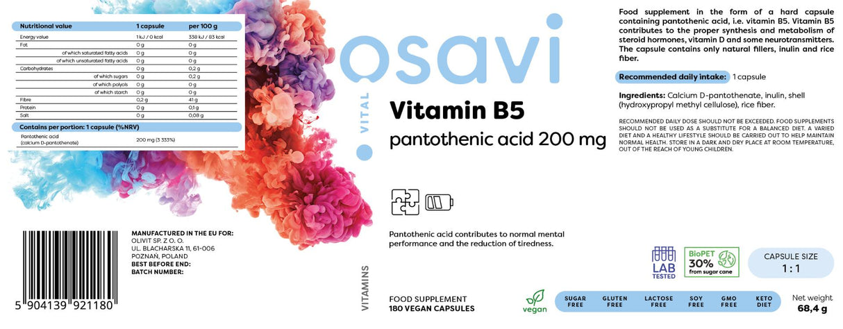Βιταμίνη Β5 | Παντοθενικό οξύ 200 mg - 180 κάψουλες