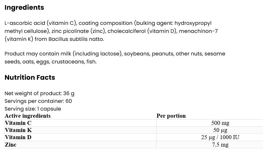 Vitamin D3 2000 + K2 MK-7/+ Vitamin C + Zinc 60 κάψουλες