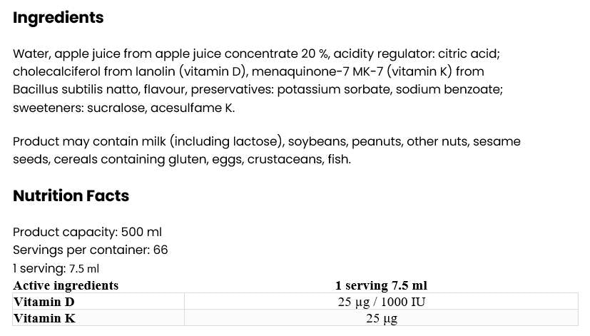 Βιταμίνη D3 + K2 υγρό 500 mL