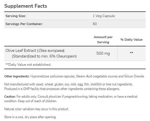 Εκχύλισμα φύλλων ελιάς 500 mg - 120 κάψουλες