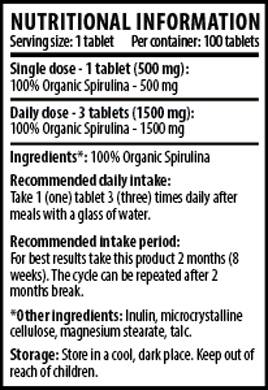 100% Organic Spiruline - 100 Tablets - Nutra Best Europe
