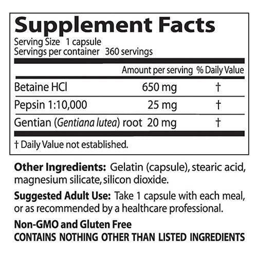 Best Betaine HCl 650 mg/με Pepsin & Gentian Bitters - 360 κάψουλες