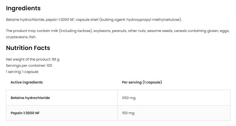 Betaine HCl + Pepsin 100 κάψουλες