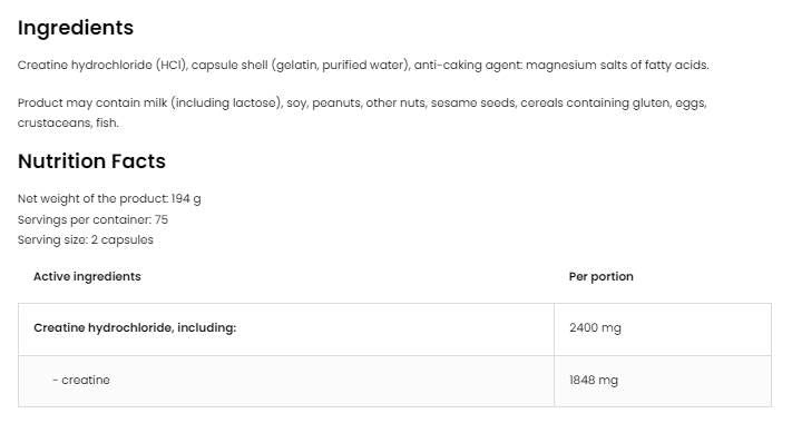Κρεατίνη HCL 2400/υδροχλωρική κρεατίνη - 150 κάψουλες