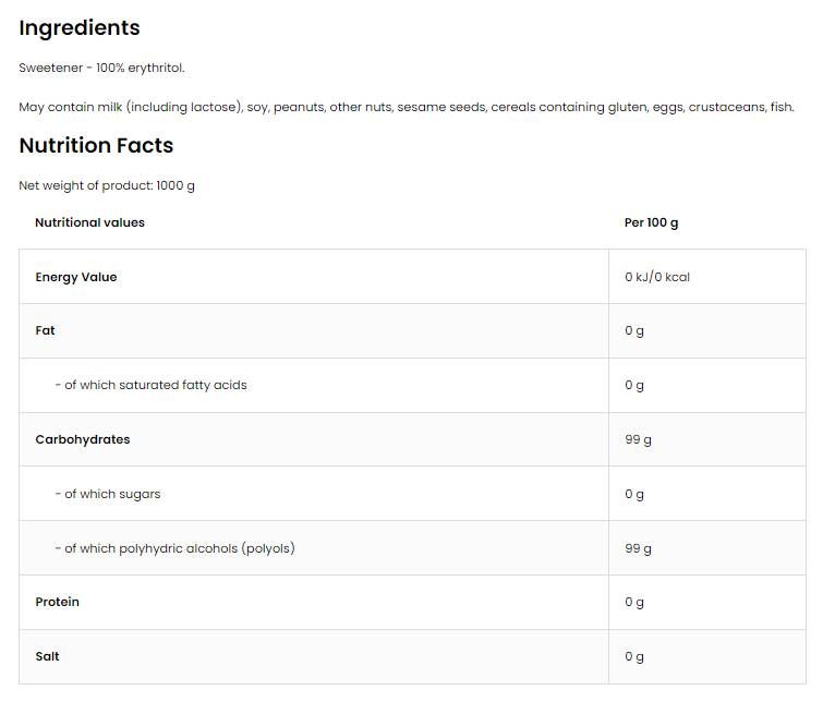 Ερυθριτόλη/ζάχαρη χωρίς ζάχαρη - 1000 γραμμάρια