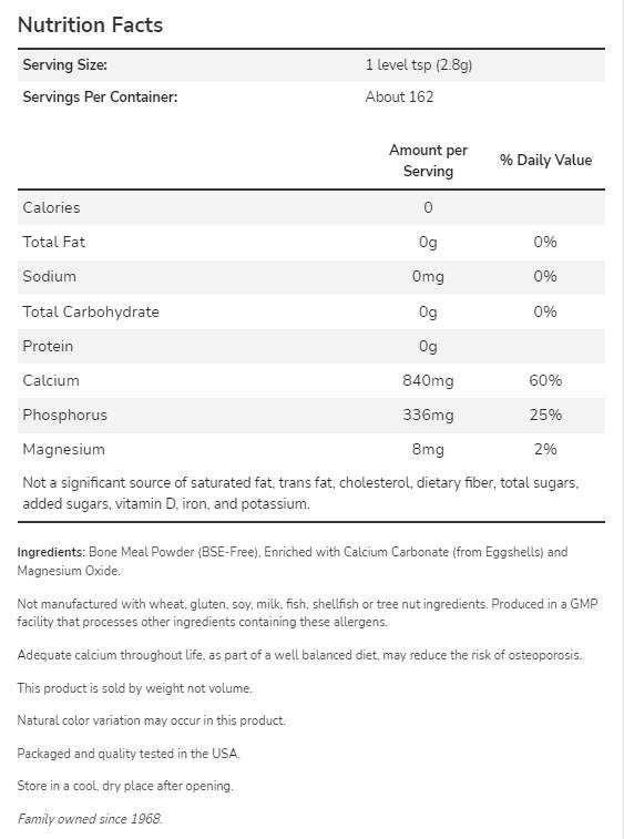 Σκόνη οστού Εξαιρετική πηγή ασβεστίου - 454 γραμμάρια
