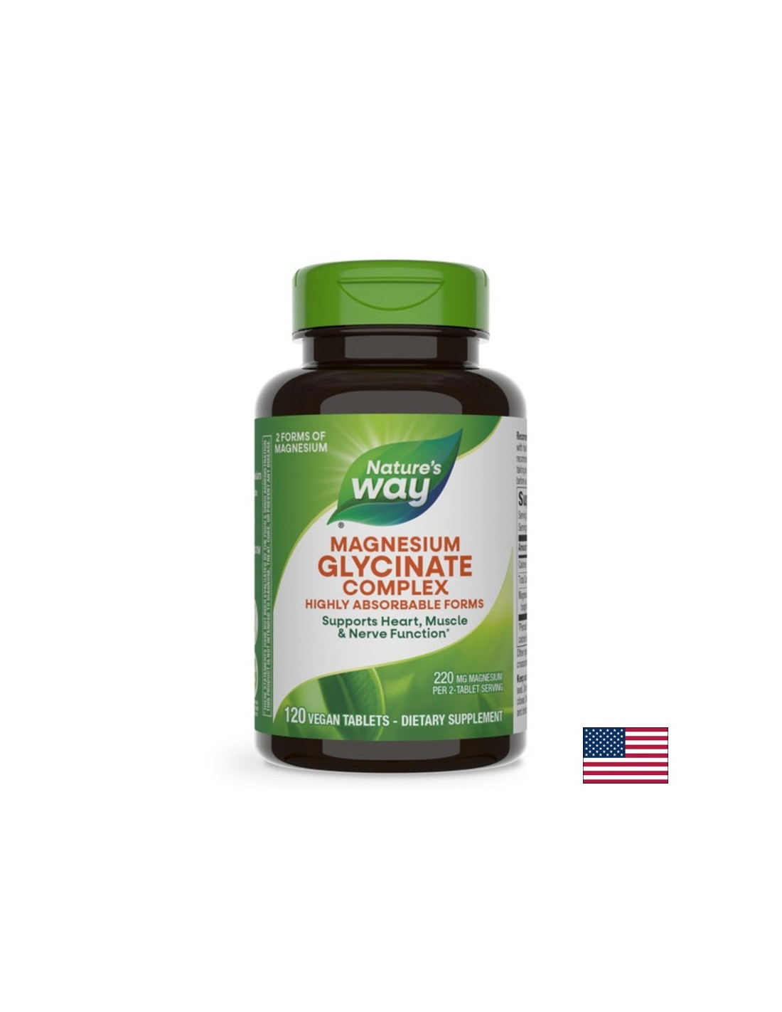 Μυϊκή λειτουργία, καρδιά και νευρολογική υγεία - μαγνήσιο (δισγκυκινικό, μηλικό), 110 mg x 120 V -tablets