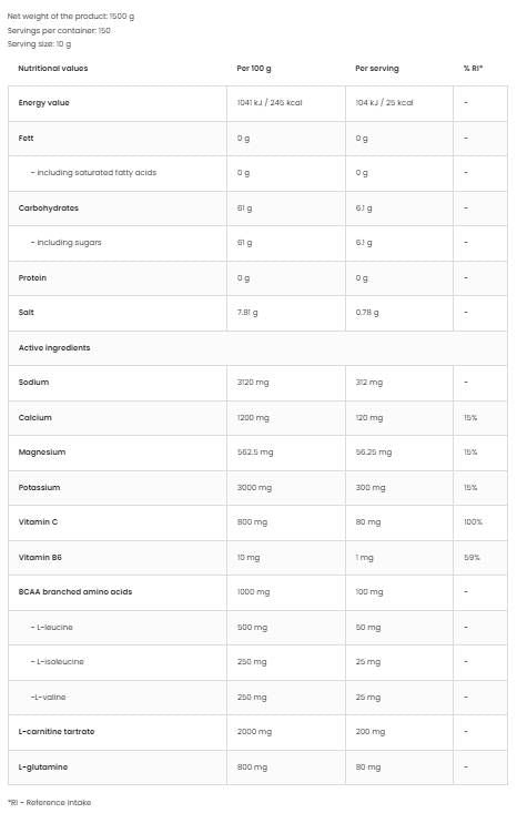 Ισοτονική σκόνη + BCAA, L-καρνιτίνη, L-γλουταμίνη-500 γραμμάρια