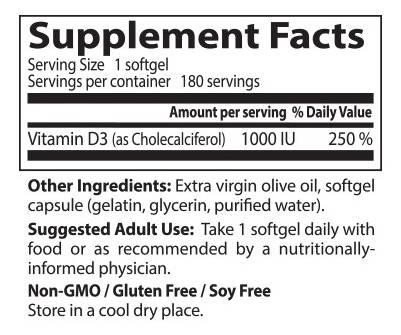 Καλύτερη βιταμίνη D3 1000 IU - 180 κάψουλες πηκτής