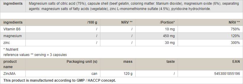 Zincma/ZMA - 120 κάψουλες