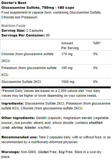 Καλύτερη θειική γλυκοζαμίνη 750 mg - 180 κάψουλες